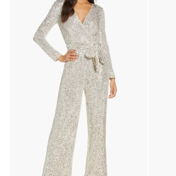 Sequin Wrap Front Long Sleeve Jumpsuit - Picture 1 of 4